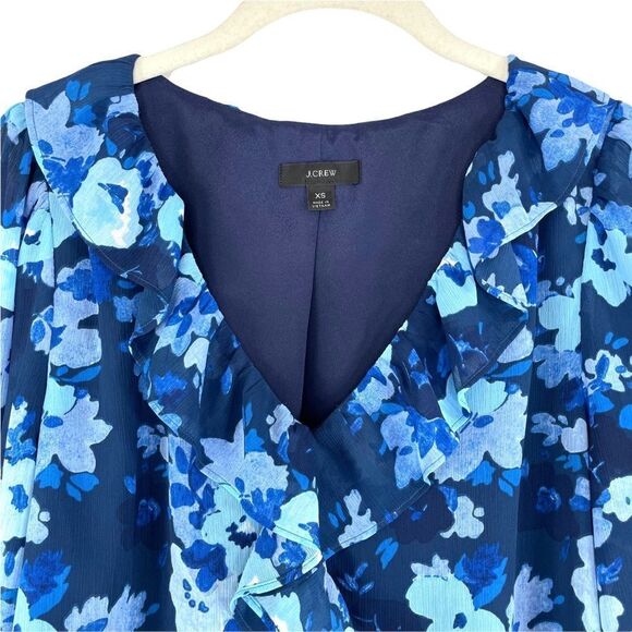 J. Crew floral ruffle v neck blouse‎ top Sz XS Blue - Picture 2 of 7